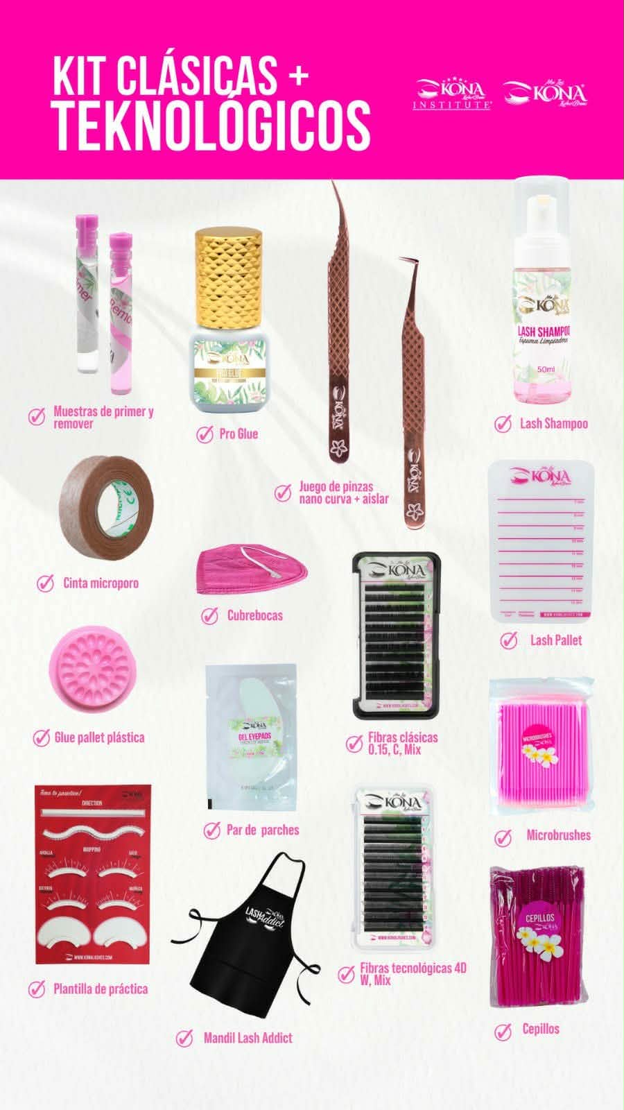 Kit Clásicas + Tecnológicos: primer, remover, Pro Glue, pinzas, Lash Shampoo, parches, fibras, mandil y más